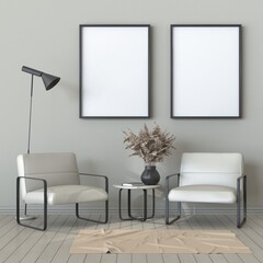 Mock up two blank picture frames with armchairs and black lamp 3D