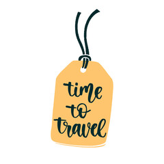 Luggage tag with travel inspiration quote. Trendy flat style journey item with handwritten brush lettering.
