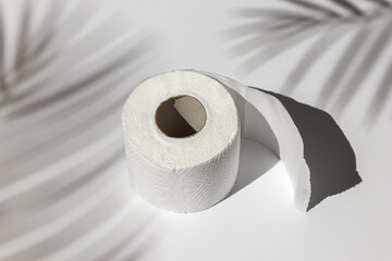 roll of a white toilet paper isolated on a gray background under a palm tree shadow close-up. hard shadows from the sun at noon