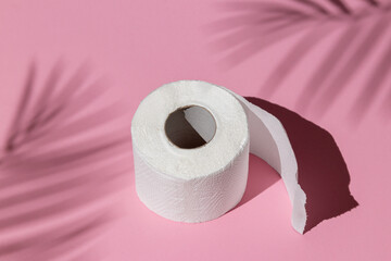 roll of a white toilet paper isolated on a pink background under a palm tree shadow close-up. hard shadows from the sun at noon