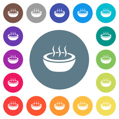 Steaming bowl flat white icons on round color backgrounds