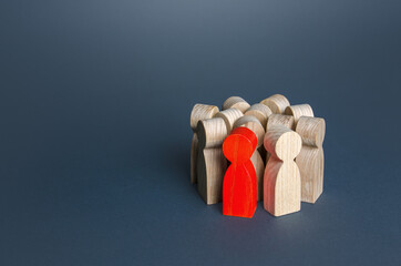 Red man in a crowd of people. Recruiting a talented candidate. Search for a person different from others. Choice and selection of candidates. Infected in crowd. Promotion at work, career growth