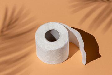 roll of a white toilet paper isolated on a sand color background under a palm tree shadow close-up. hard shadows from the sun at noon