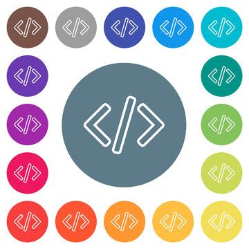 Script code flat white icons on round color backgrounds