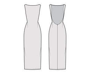 Dress backless technical fashion illustration with fitted body, floor maxi length pencil skirt, boat neckline. Flat evening apparel front, back, grey color style. Women, men unisex CAD mockup