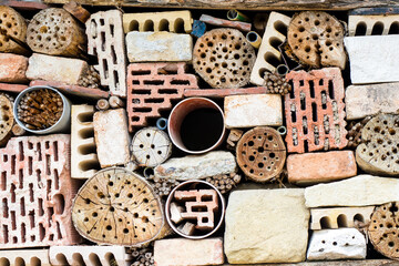 Insect hotel made of bricks, stones and wood