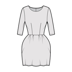 Dress bell technical fashion illustration with elbow sleeves, fitted body, mini length pencil skirt. Flat apparel front, grey color style. Women, men unisex CAD mockup