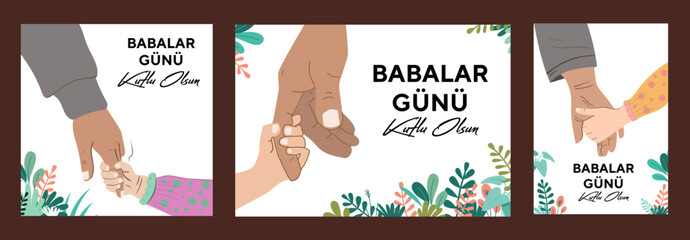 Happy Father's Day greeting card. Happy illustration of a Father and daughter. Father and son. Translate: Babalar Günü Kutlu Olsun.
