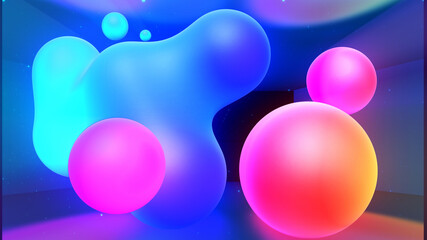 3d render. Spheres or balls in room merge like liquid wax drops or metaballs in-air. Liquid gradient of rainbow colors on drops with multi-colored glow, scattering light inside.