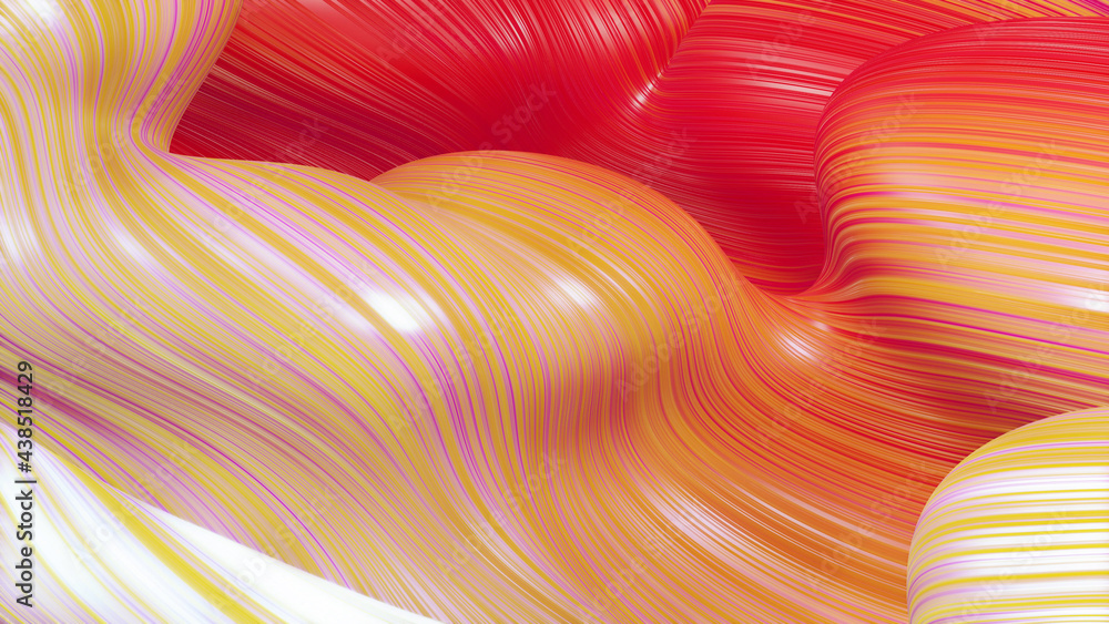 Poster 3d render. shining red yellow surface, bright colorful bg. beautiful abstract background of waves on