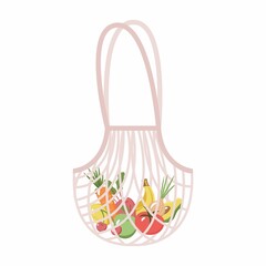 Mesh or net bag with fruits and vegetables isolated on white background. Modern shopper with fresh organic bananas, apples, tomatoes, carrots, cherries and lemons from local market. Vector illustratio