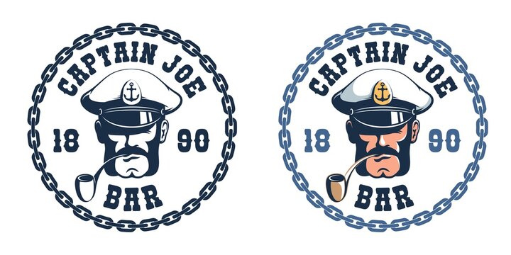Sea captain retro logo template. Sea Bar vintage emblem - Captain head with pipe. Vector illustration.