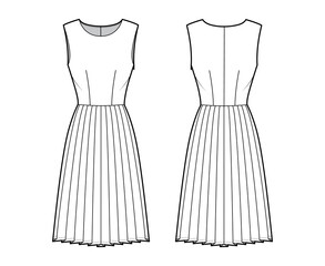 Dress pleated technical fashion illustration with sleeveless, fitted body, knee length skirt. Flat apparel front, back, white color style. Women, men unisex CAD mockup