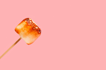 Roasted marshmallow on stick at pink background.
