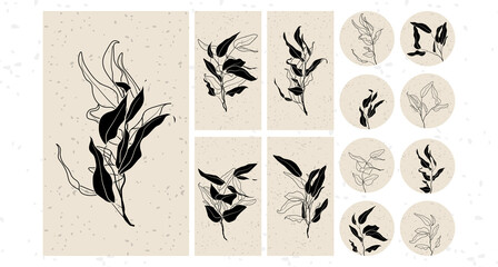 Bundle of editable insta story templates and highlights covers. Vector layouts with hand drawn organic shapes and textures. Abstract backgrounds. Trendy design for social media marketing.Social media