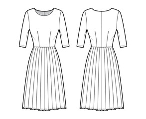 Dress pleated technical fashion illustration with elbow sleeves, fitted body, knee length skirt. Flat apparel front, back, white color style. Women, men unisex CAD mockup