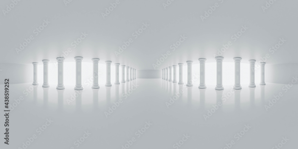Poster full 360 degree panorama view environment map of empty white hall with columns 3d render illustratio