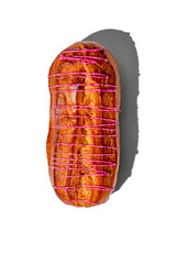 fresh eclair with red glaze isolated on a white background, hard shadows by the sun top view