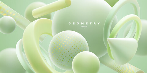 3d pastel mint green geometric shapes cluster. Abstract elegant composition
