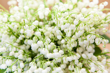 White  lily of the valley flowers, beautiful card with bouquet, nature background