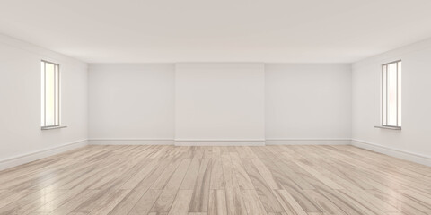 Empty white room with wooden floor studio 3d render illustration