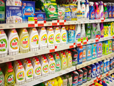 Kaliningrad, Russia - January 31, 2021: Detergents on supermarket shelves.