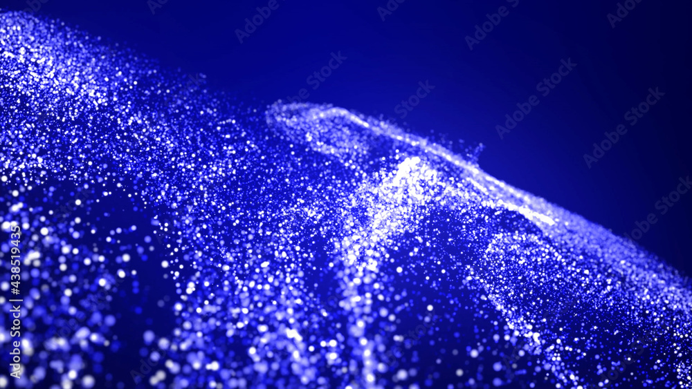 Poster abstract bg with blue magic glitters fly in air and form beautiful swirls. sparkles float in viscous