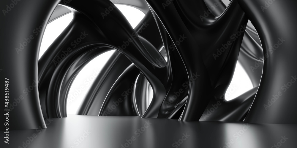 Poster black abstract futuristic sci-fi environment with glossy round organic shape surface 3d render illus