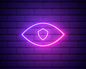 Glowing neon Shield and eye icon isolated on brick wall background. Security, safety, protection, privacy concept. Vector Illustration.