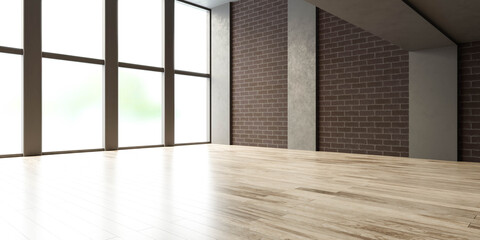 Empty contemporary loft with brick wall,wooden floor and concrete columns studio 3d rendering illustration