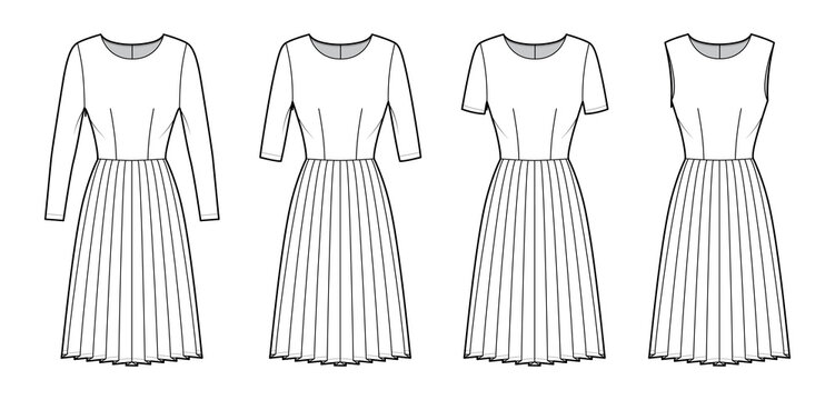 Set of Dresses pleated technical fashion illustration with long elbow short sleeves sleeveless, fitted body, knee length skirt. Flat apparel front, white color style. Women, men unisex CAD mockup