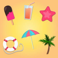 Set of summer vacation objects. Ice cream, cocktail, starfish, lifebuoy, parasol and palm tree. 