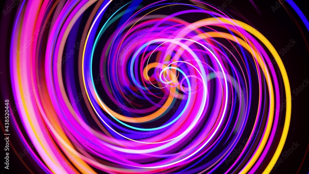 Poster motion graphics, sci-fi bg. stream of multicolor neon lines form spiral shape, curls and pattern. ab