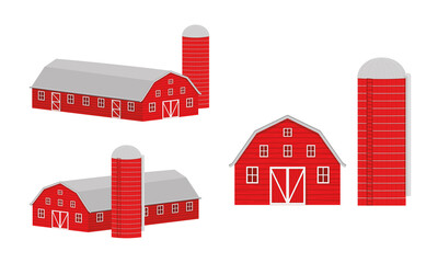 Wooden barn and silo for grain storage front and isometric view. Red farm warehouse building and container for wheat seeds isolated on white background. Vector cartoon illustration. © vikusha_art