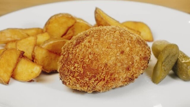Fried potatoes with cutlet and pickles on whire plate