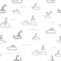Seamless pattern of marine symbols boat, anchor, rope and steering wheel. Cartoon marine icons. Kid s elements for scrap-booking. Childish background. Hand drawn vector illustration.