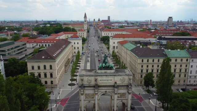 Victory Gate in Munich at Ludwig street - aerial view - drone photography