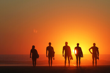 Friends by the sea going to surf - silhouette at sunset