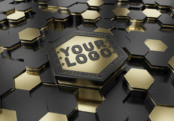 Logo Mockup on Black and Gold Hexagon Pedestal