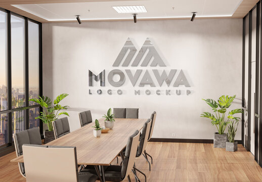 Logo Mockup on Office Wall with 3D Glossy Metal Effect