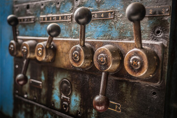 gearbox levers on a historic lathe