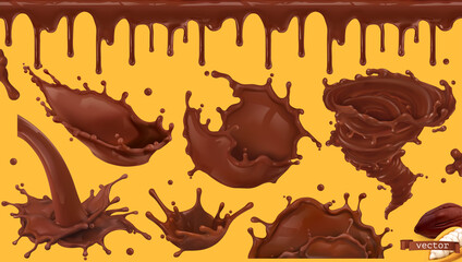 Hot cocoa, drinking chocolate. Splashes and seamless pattern. 3d vector realistic set