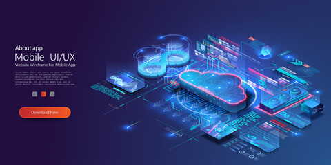Isometric modern cloud technology and networking concept. Digital service, app with data transfering. Computing technology. Devices connected to digital storage in data center via internet. Web cloud