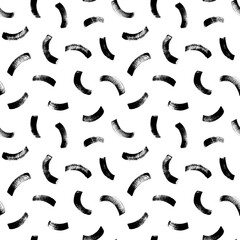 Curved brush strokes vector seamless pattern. Black paint freehand scribbles, wavy lines, dry brush stroke texture. Chaotic rough smears. Monochrome mosaic texture. Hand drawn grunge rounded shapes.