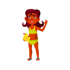 beautiful girl child with duck toy waving hand cartoon vector. beautiful girl child with duck toy waving hand character. isolated flat cartoon illustration