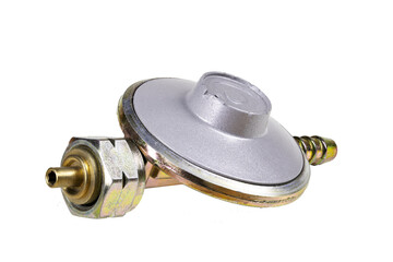 Metal reducer for propane-butane gas cylinders. Accessories used in home gas installations.