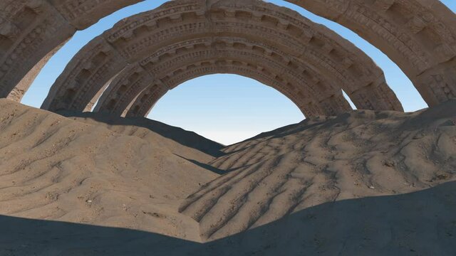 Fantastic antique arches stretch over the sand dunes.