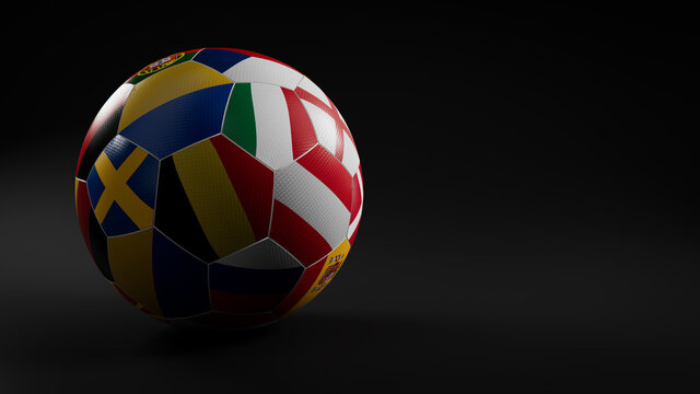 Euro Flag Football Isolated on Black Background. UEFA Euro 2020 themed Match Ball.