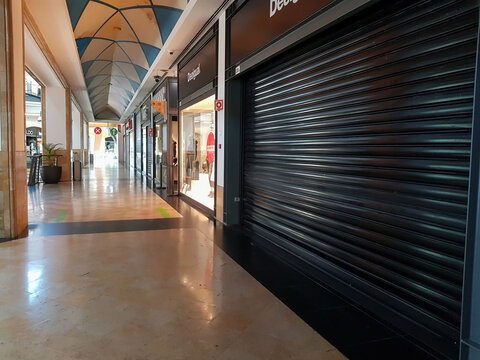 Empty Shopping Center With Stores Closed Due To COVID-19 Confinement