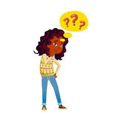 thoughtful african girl asking question cartoon vector. thoughtful african girl asking question character. isolated flat cartoon illustration